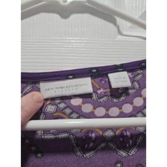 New York & Co Purple Ruched Cowl Neck Top L Y2K Paisley Stretch Blouse - Picture 2 of 7